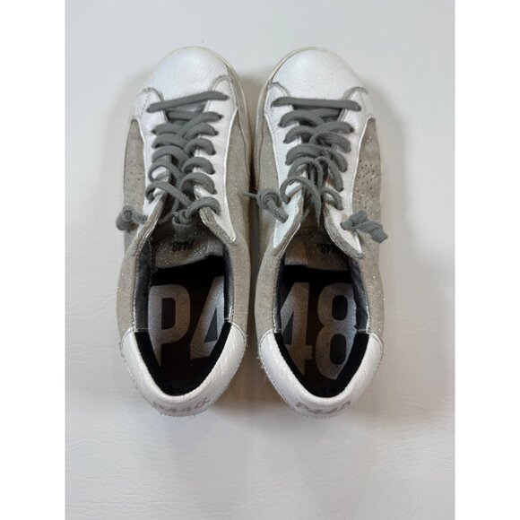 P448 Low-Top Sneakers White/Silver Leather Suede Lace-Up Shoes sz 38 (US 7.5) - Picture 4 of 8